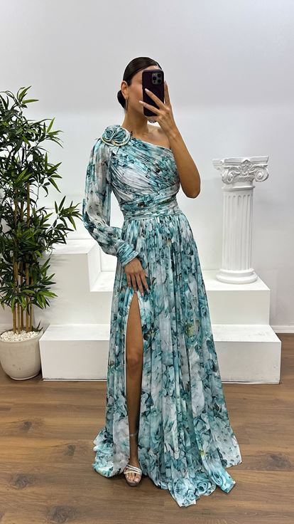 Tek Kol Desenli Abiye Elbise