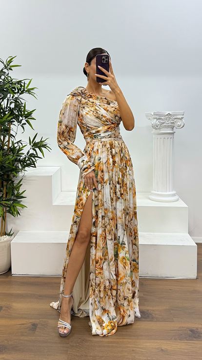 Bakır Tek Kol Desenli Abiye Elbise