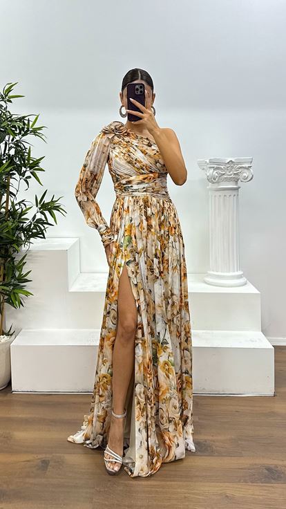 Bakır Tek Kol Desenli Abiye Elbise