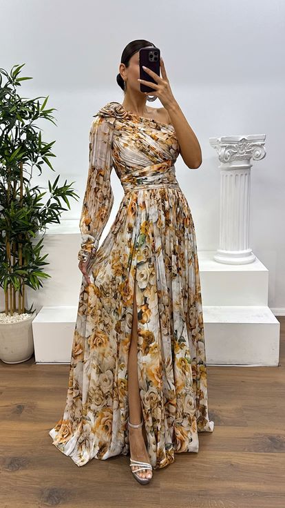 Bakır Tek Kol Desenli Abiye Elbise