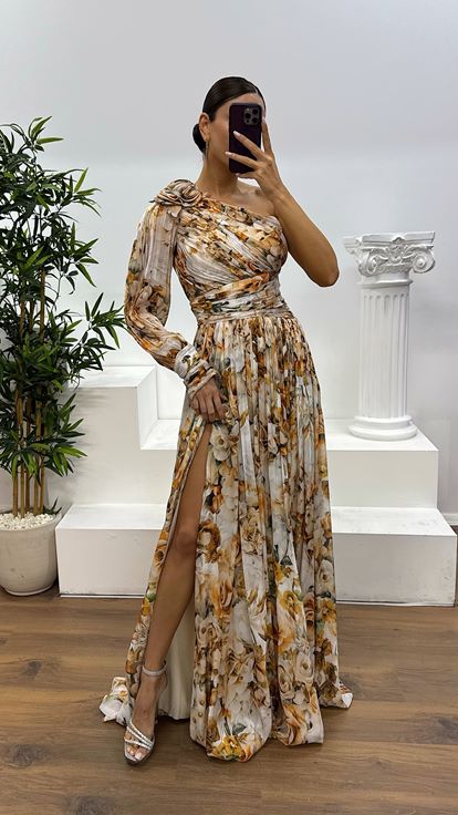 Bakır Tek Kol Desenli Abiye Elbise