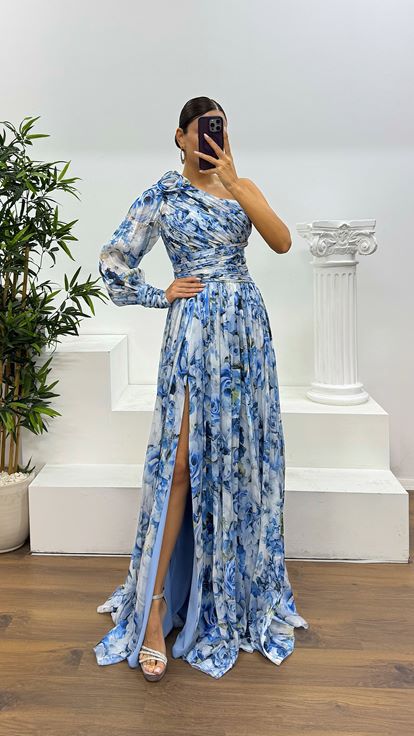 Mavi Tek Kol Desenli Abiye Elbise