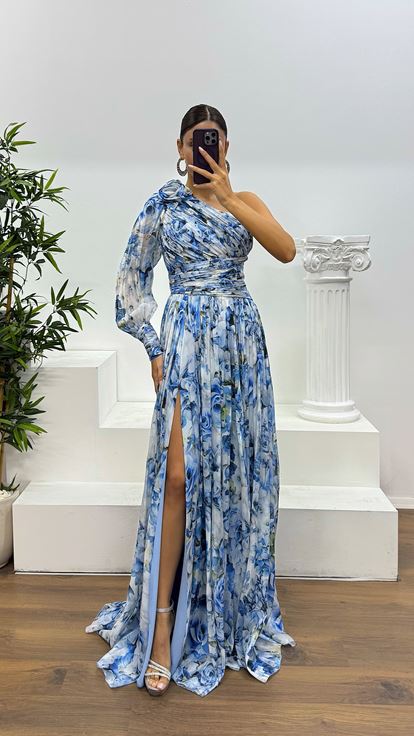 Mavi Tek Kol Desenli Abiye Elbise