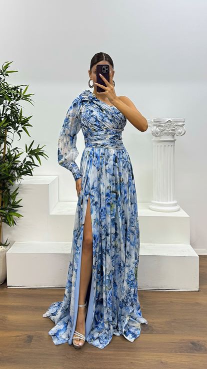 Mavi Tek Kol Desenli Abiye Elbise