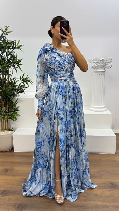 Mavi Tek Kol Desenli Abiye Elbise