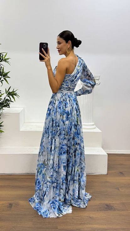 Mavi Tek Kol Desenli Abiye Elbise