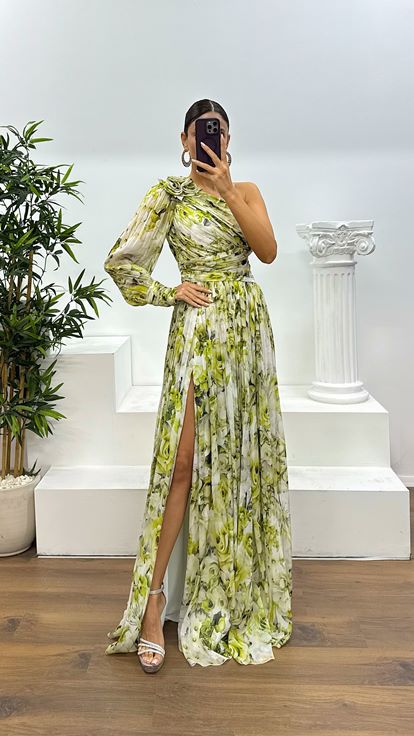 Kemik Yeşil Tek Kol Desenli Abiye Elbise