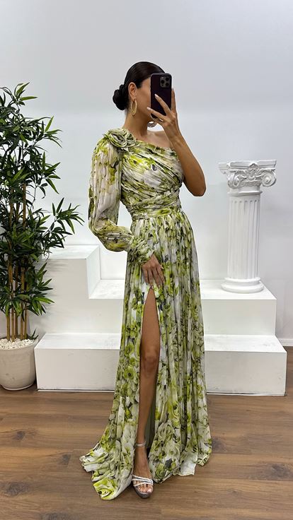Kemik Yeşil Tek Kol Desenli Abiye Elbise