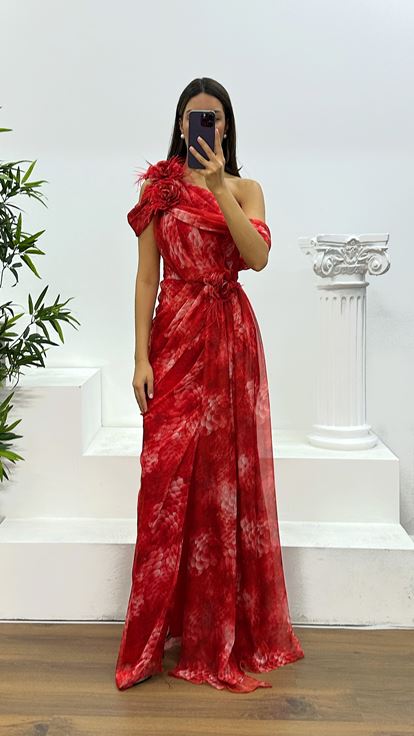 فستان سهرة شيفون أحمر بكتف واحد