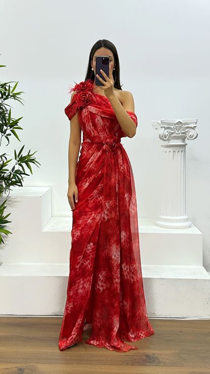 فستان سهرة شيفون أحمر بكتف واحد