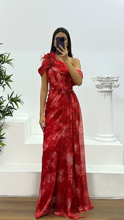 فستان سهرة شيفون أحمر بكتف واحد