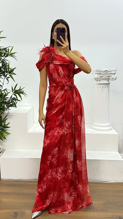 فستان سهرة شيفون أحمر بكتف واحد