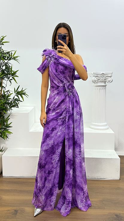 فستان سهرة شيفون أرجواني بكتف واحد