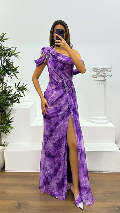 فستان سهرة شيفون أرجواني بكتف واحد