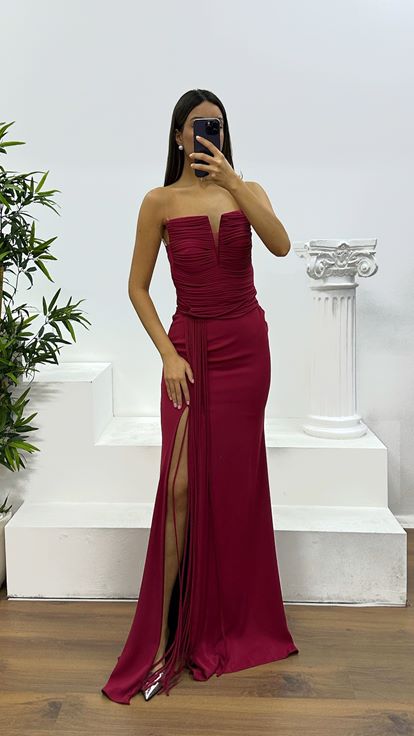 Bordo Straplez Abiye Elbise