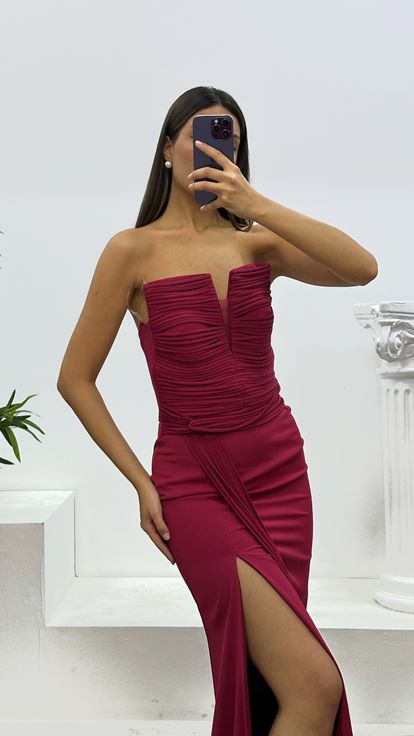 Bordo Straplez Abiye Elbise