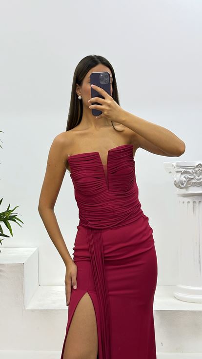 Bordo Straplez Abiye Elbise