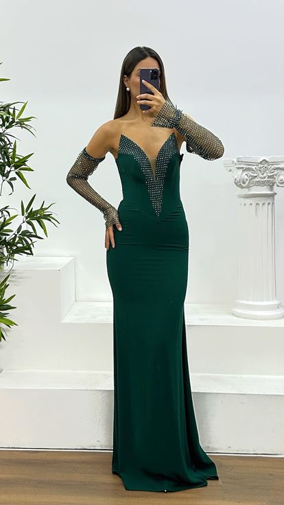 Zumrut Jan Jan Abito da sera senza spalline con dettagli in pietra