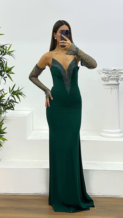 Zumrut Jan Jan Abito da sera senza spalline con dettagli in pietra