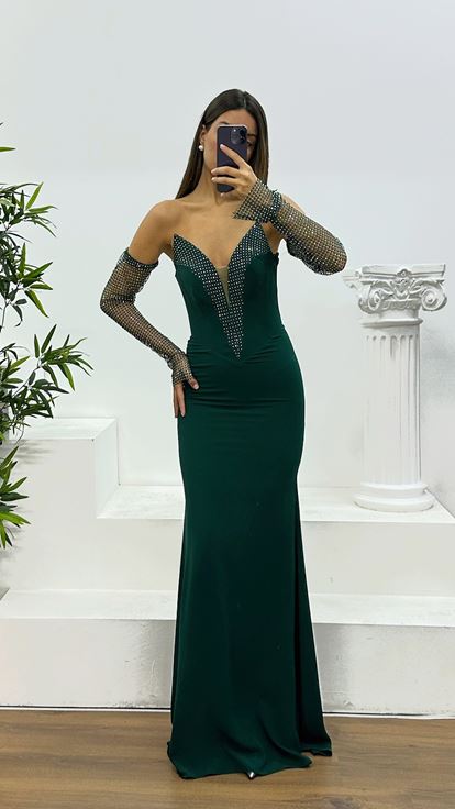 Zumrut Jan Jan Abito da sera senza spalline con dettagli in pietra