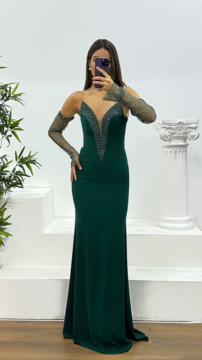 Zumrut Jan Jan Abito da sera senza spalline con dettagli in pietra