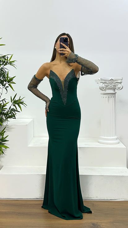 Zumrut Jan Jan Abito da sera senza spalline con dettagli in pietra