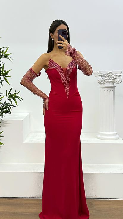 Abito da sera senza spalline con dettagli in pietra rossa Jan Jan