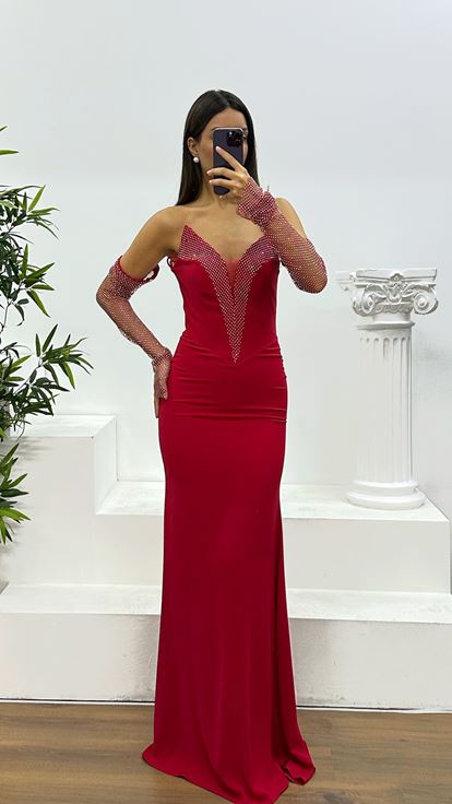 Abito da sera senza spalline con dettagli in pietra rossa Jan Jan