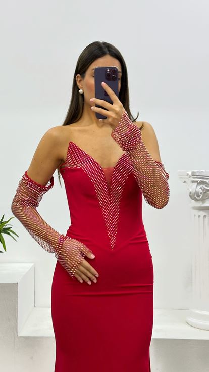 Abito da sera senza spalline con dettagli in pietra rossa Jan Jan