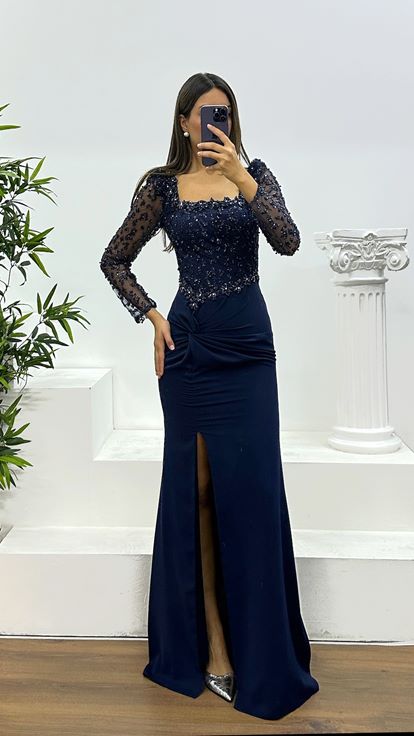 Navy Blue Square Neck Embroidered Evening Dress