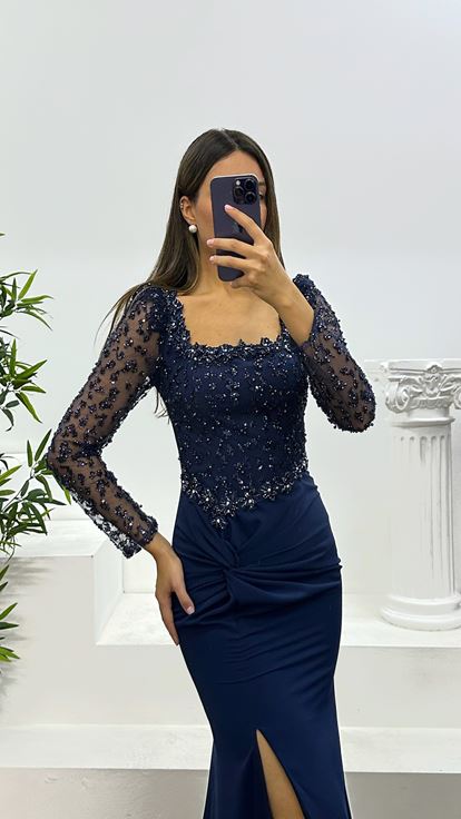 Navy Blue Square Neck Embroidered Evening Dress