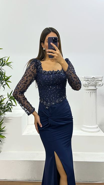 Navy Blue Square Neck Embroidered Evening Dress