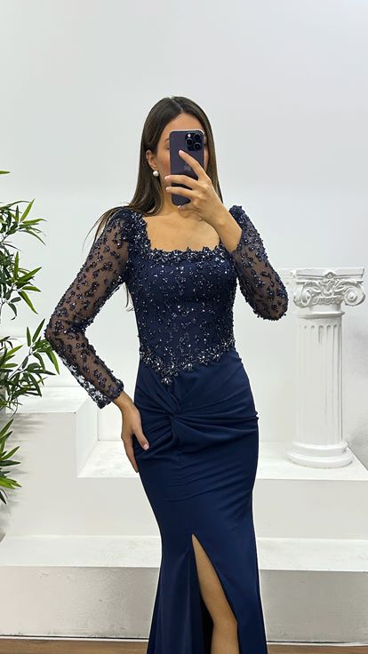 Navy Blue Square Neck Embroidered Evening Dress