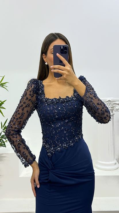 Navy Blue Square Neck Embroidered Evening Dress