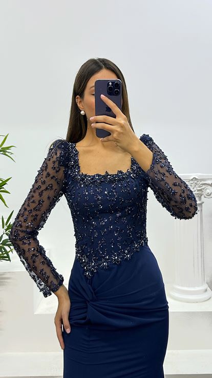 Navy Blue Square Neck Embroidered Evening Dress