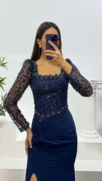 Navy Blue Square Neck Embroidered Evening Dress