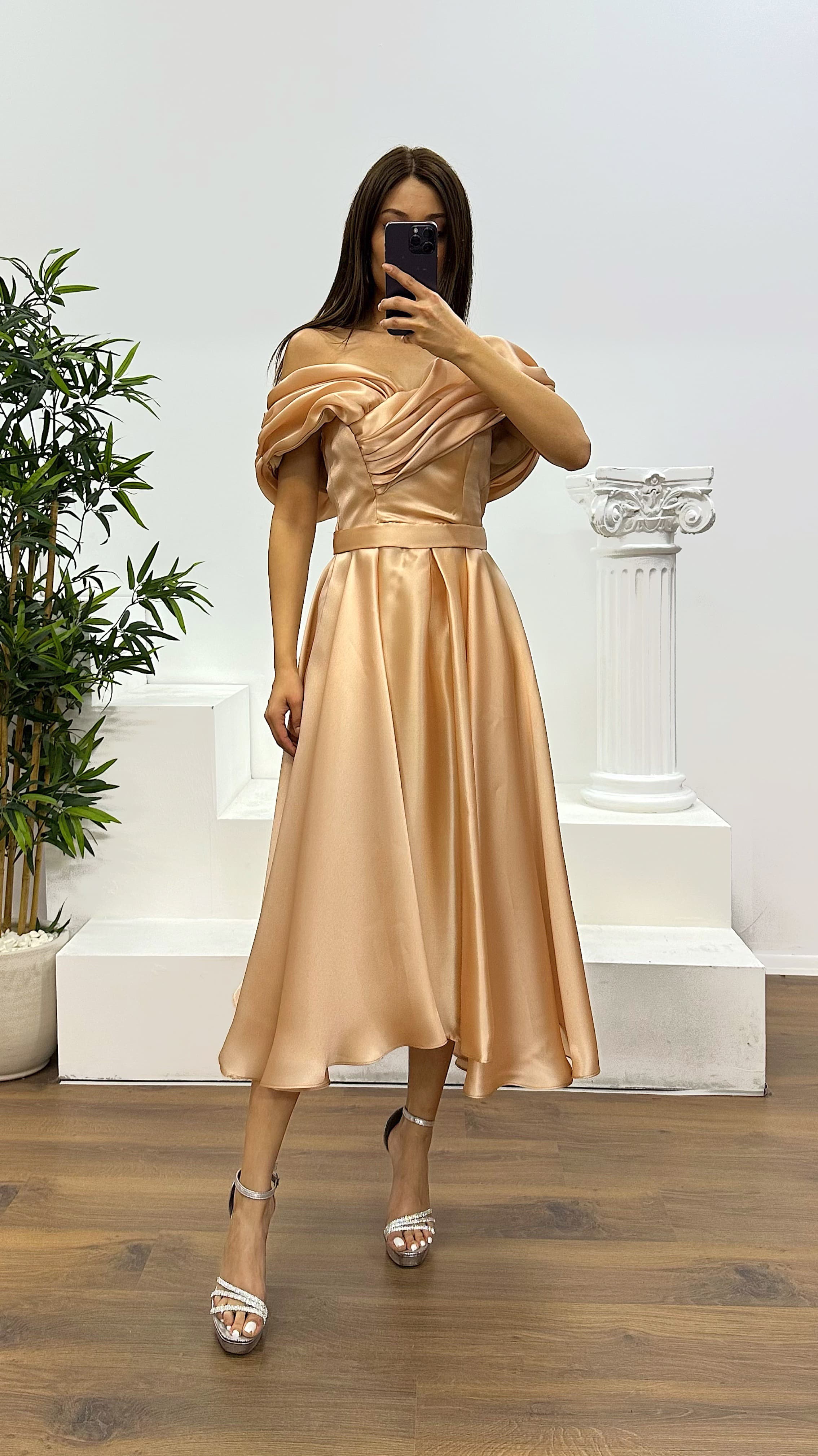 Gold Back Detail Midi Evening Dress