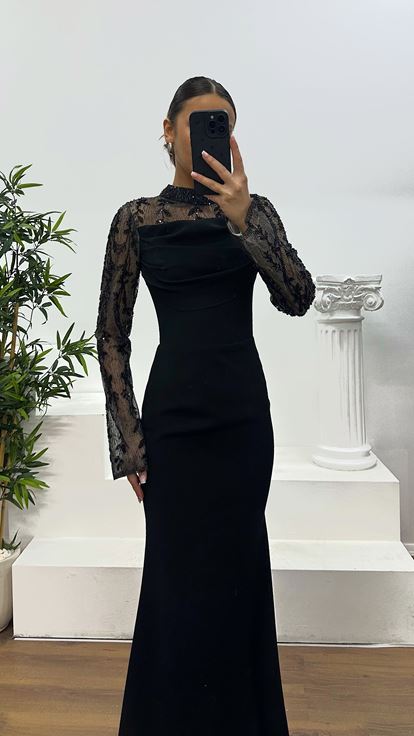 Siyah Yaka Transparan Detay Abiye Elbise