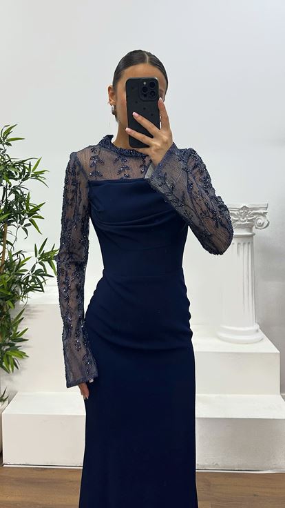 Lacivert Yaka Transparan Detay Abiye Elbise