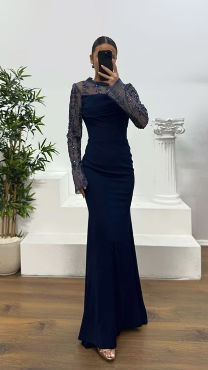 Lacivert Yaka Transparan Detay Abiye Elbise