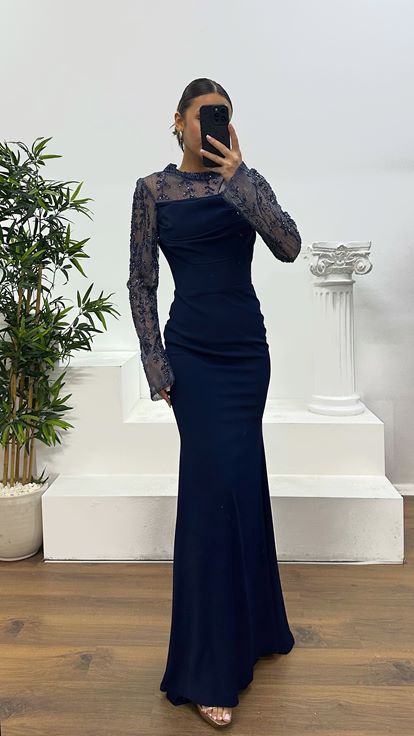 Lacivert Yaka Transparan Detay Abiye Elbise