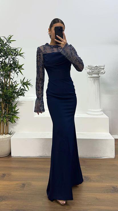 Lacivert Yaka Transparan Detay Abiye Elbise