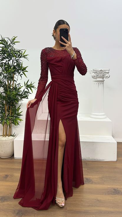 Bordo Yaka Transparan İşleme Detay Abiye Elbise
