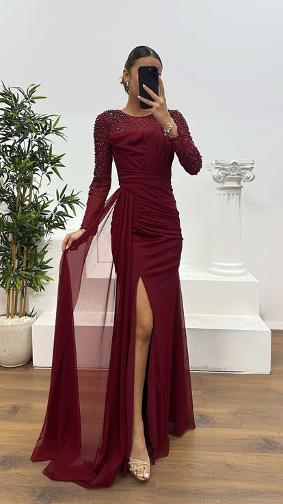 Bordo Yaka Transparan İşleme Detay Abiye Elbise