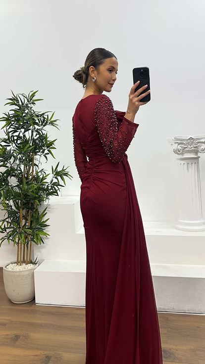 Bordo Yaka Transparan İşleme Detay Abiye Elbise