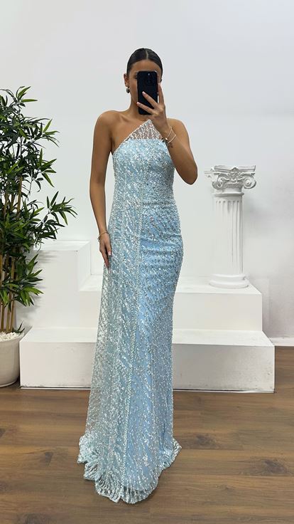 Bebe Mavi Straplez Pelerinli Abiye Elbise