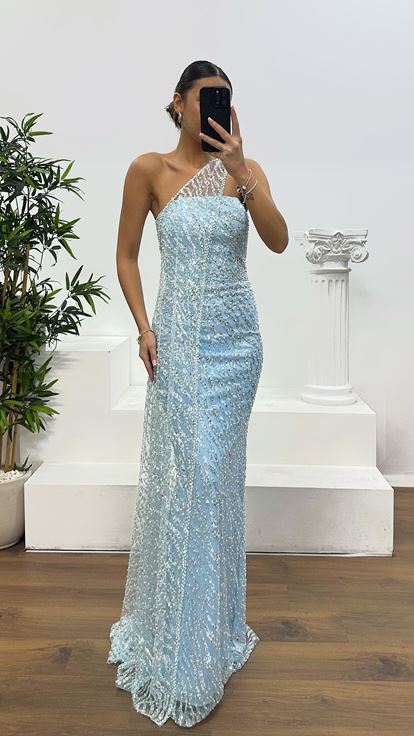 Bebe Mavi Straplez Pelerinli Abiye Elbise