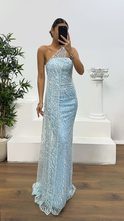 Bebe Mavi Straplez Pelerinli Abiye Elbise