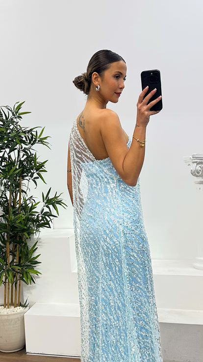 Bebe Mavi Straplez Pelerinli Abiye Elbise