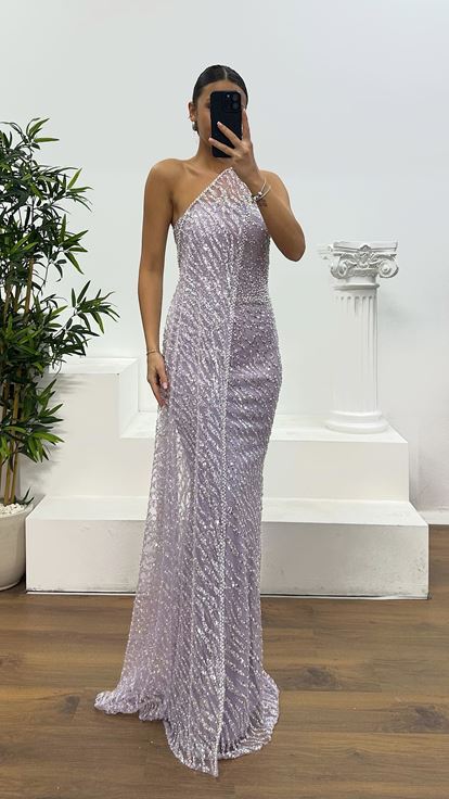 Lila Straplez Pelerinli Abiye Elbise